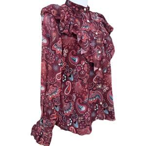 Ruffled Victorian Style Blouse Top LG Ruffles‎ Feminine Retro Burgundy Peacock